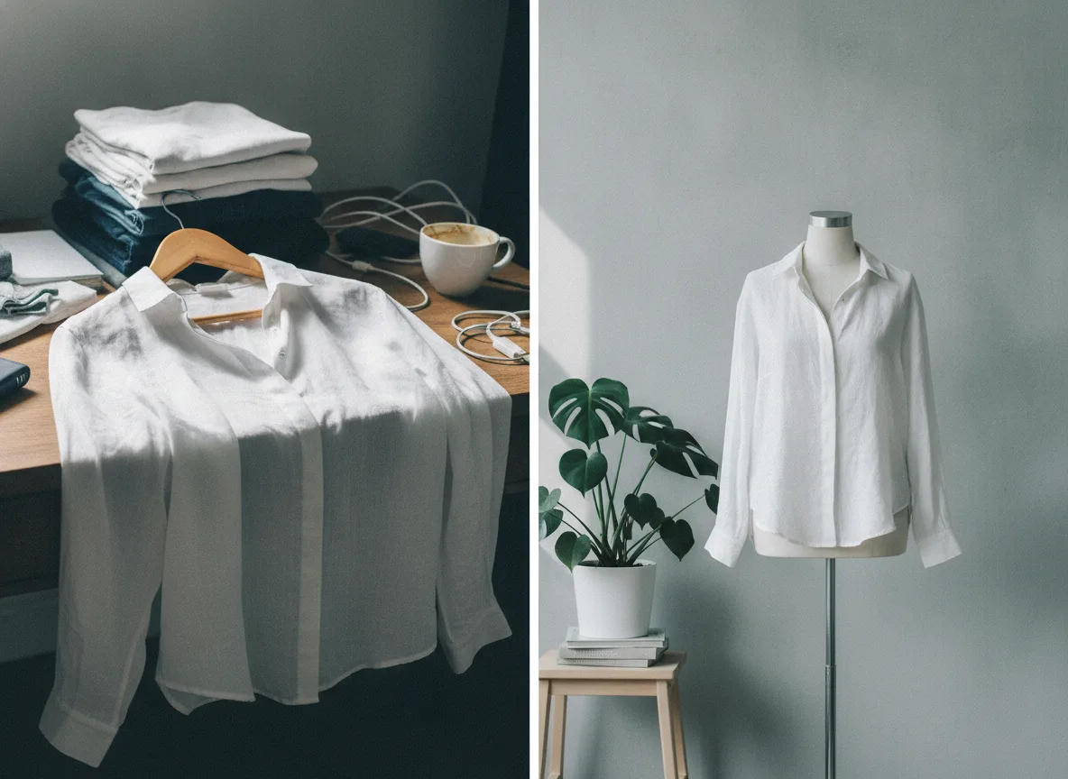Vergelijking van een willekeurige productfoto versus een consistente Scandi-stijl modelfoto van dezelfde blouse