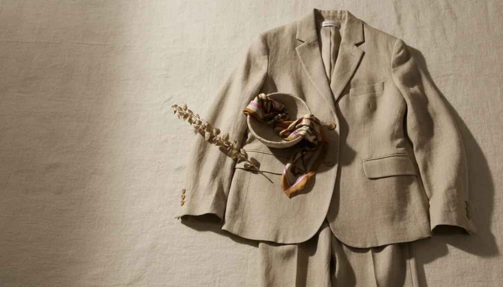Flat lay fotografie kleding: linnen blazer en broek op een warme off-white ondergrond met zachte zijlichten