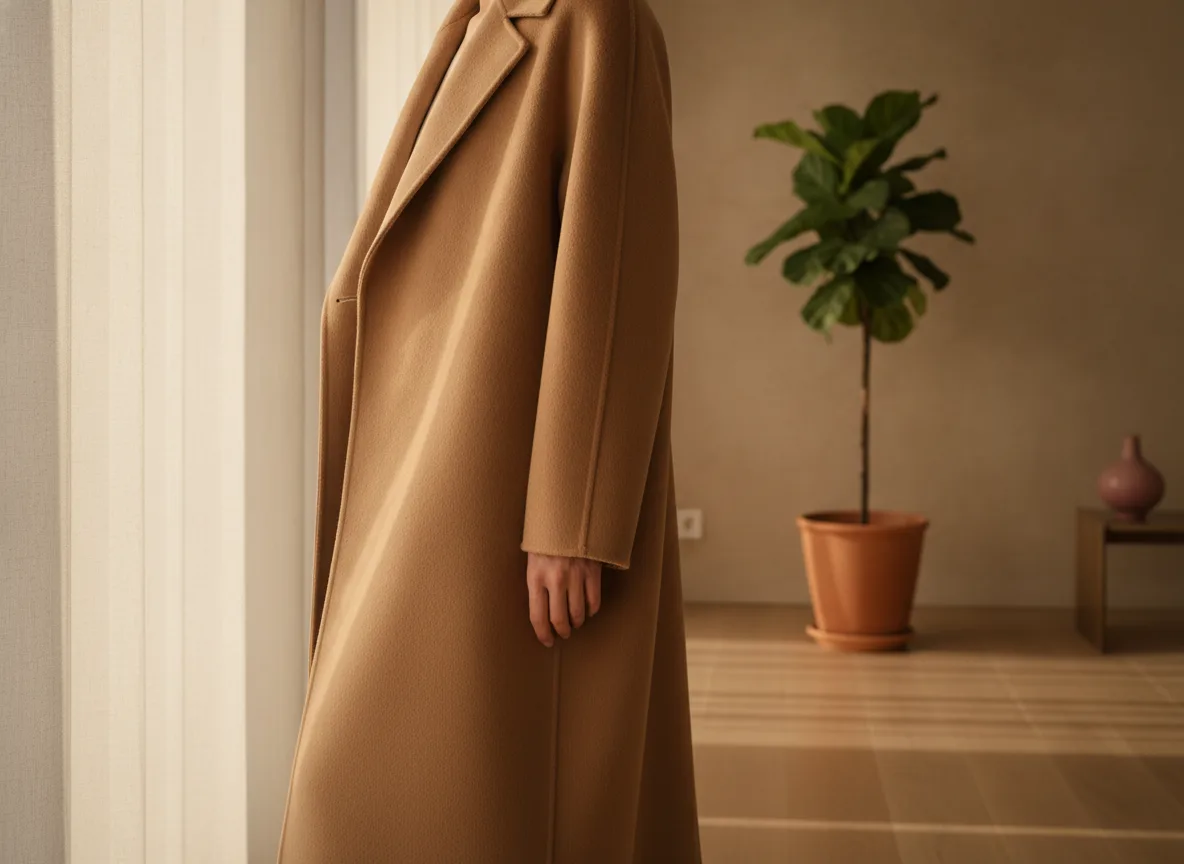 Model draagt een kamelkleurige wollen jas bij zacht raamlicht in een minimalistische, warme interieuromgeving