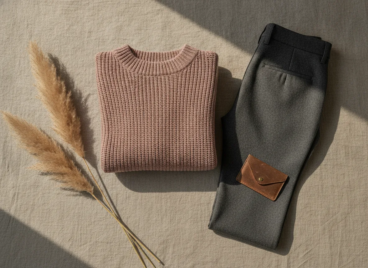 Gestylde flat lay van een ribgebreide trui en broek op linnen ondergrond met droogbloemen als rekwisieten