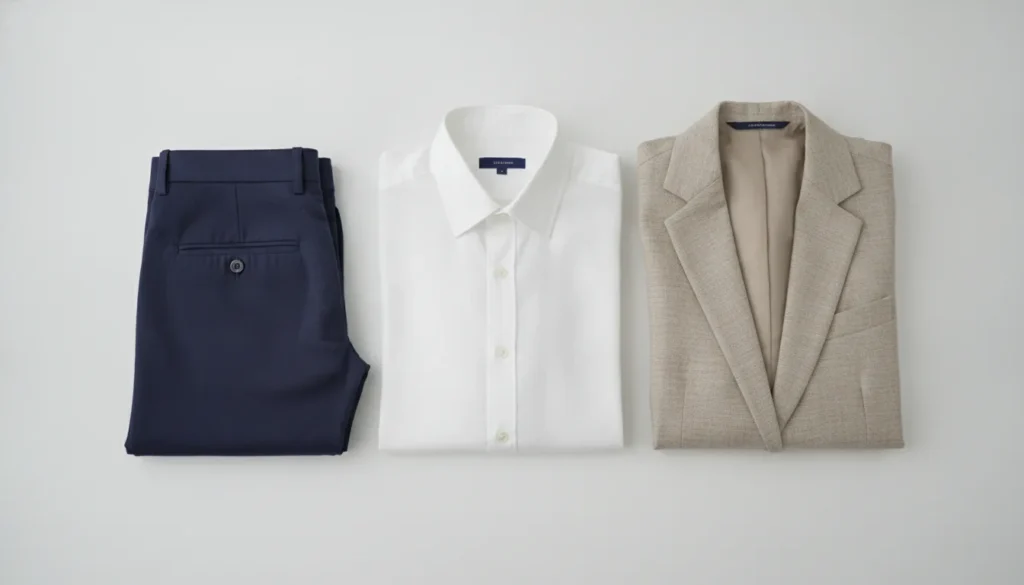 kleding fotografie webshop — Kleding fotografie voor een webshop: professionele flatlay van shirt, broek en blazer op witte achtergrond