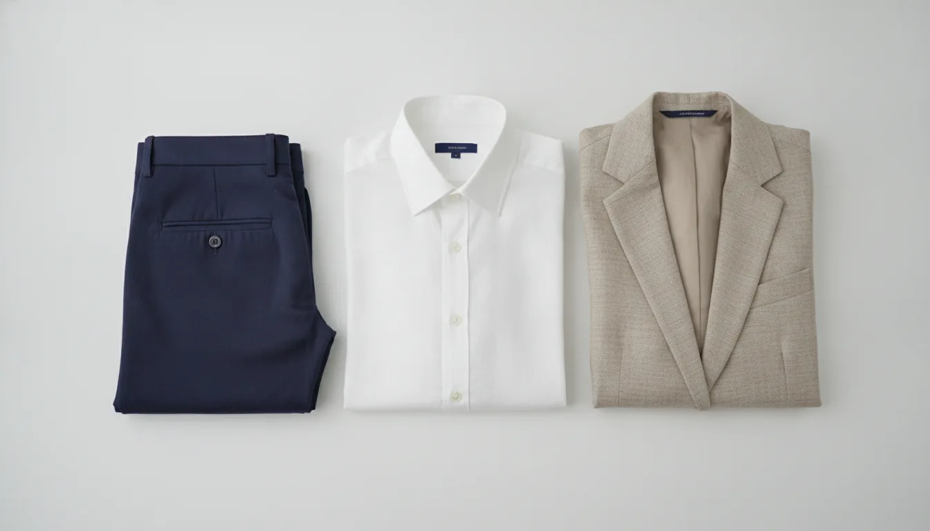 kleding fotografie webshop — Kleding fotografie voor een webshop: professionele flatlay van shirt, broek en blazer op witte achtergrond