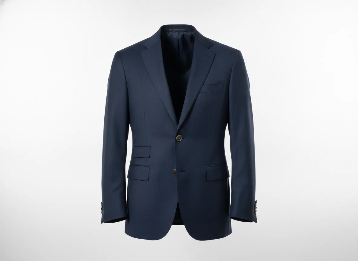 Ghost mannequin kleding fotografie voor een webshop: zwevend marineblauw jasje op witte achtergrond