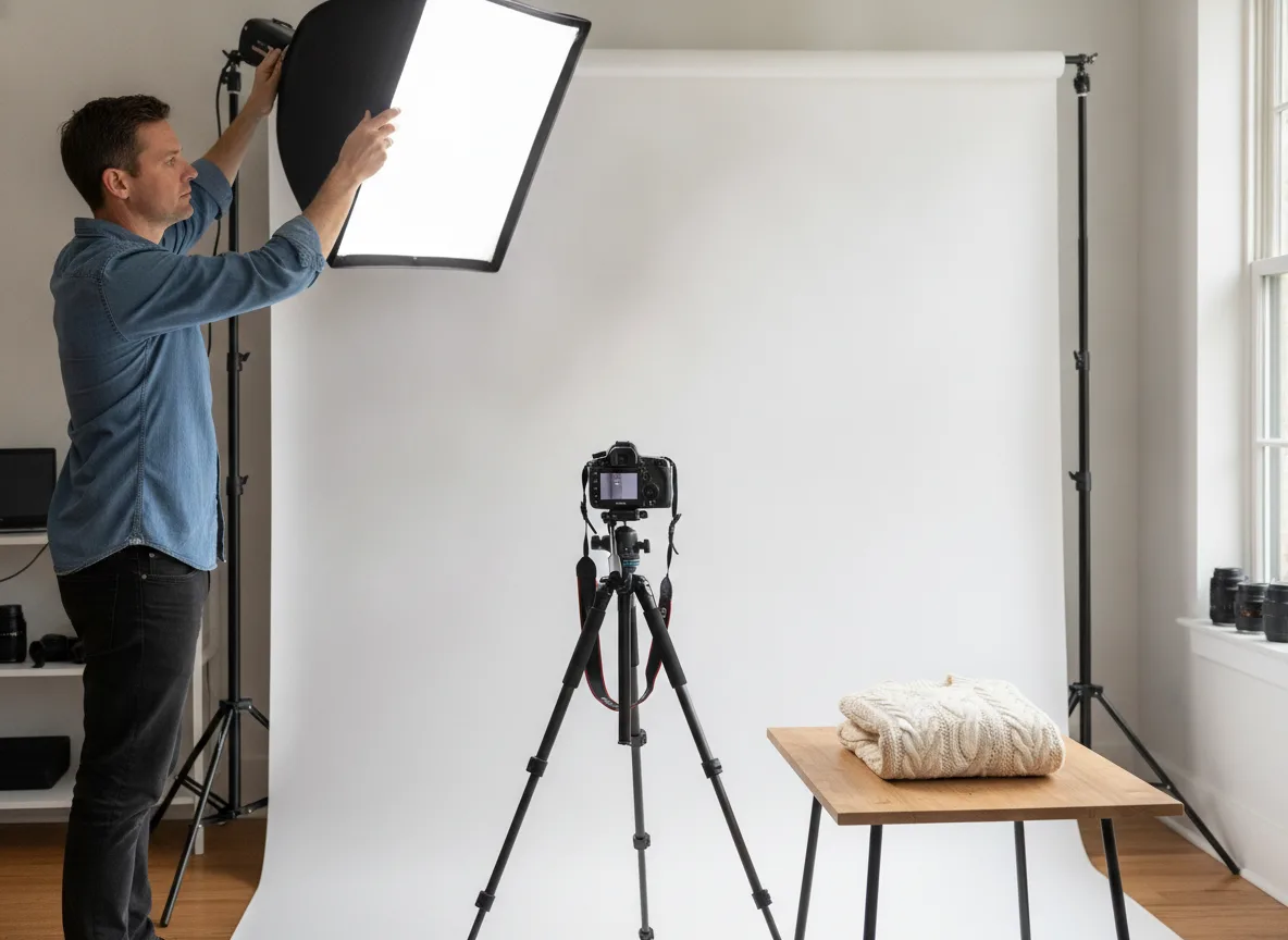 Thuisstudio setup voor kleding fotografie voor een webshop met softbox en statief