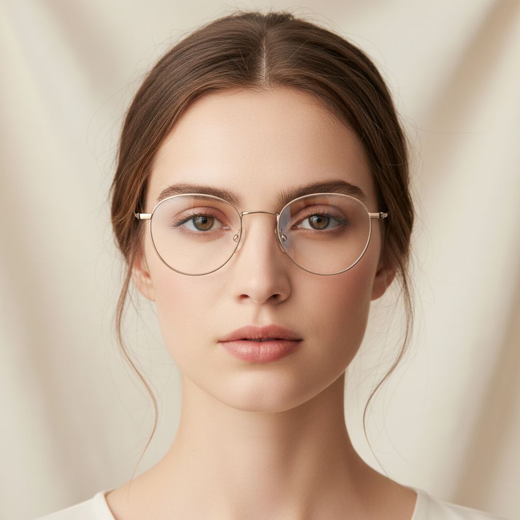 Recht portret van een model met een dun gouden optisch montuur tegen een crème achtergrond