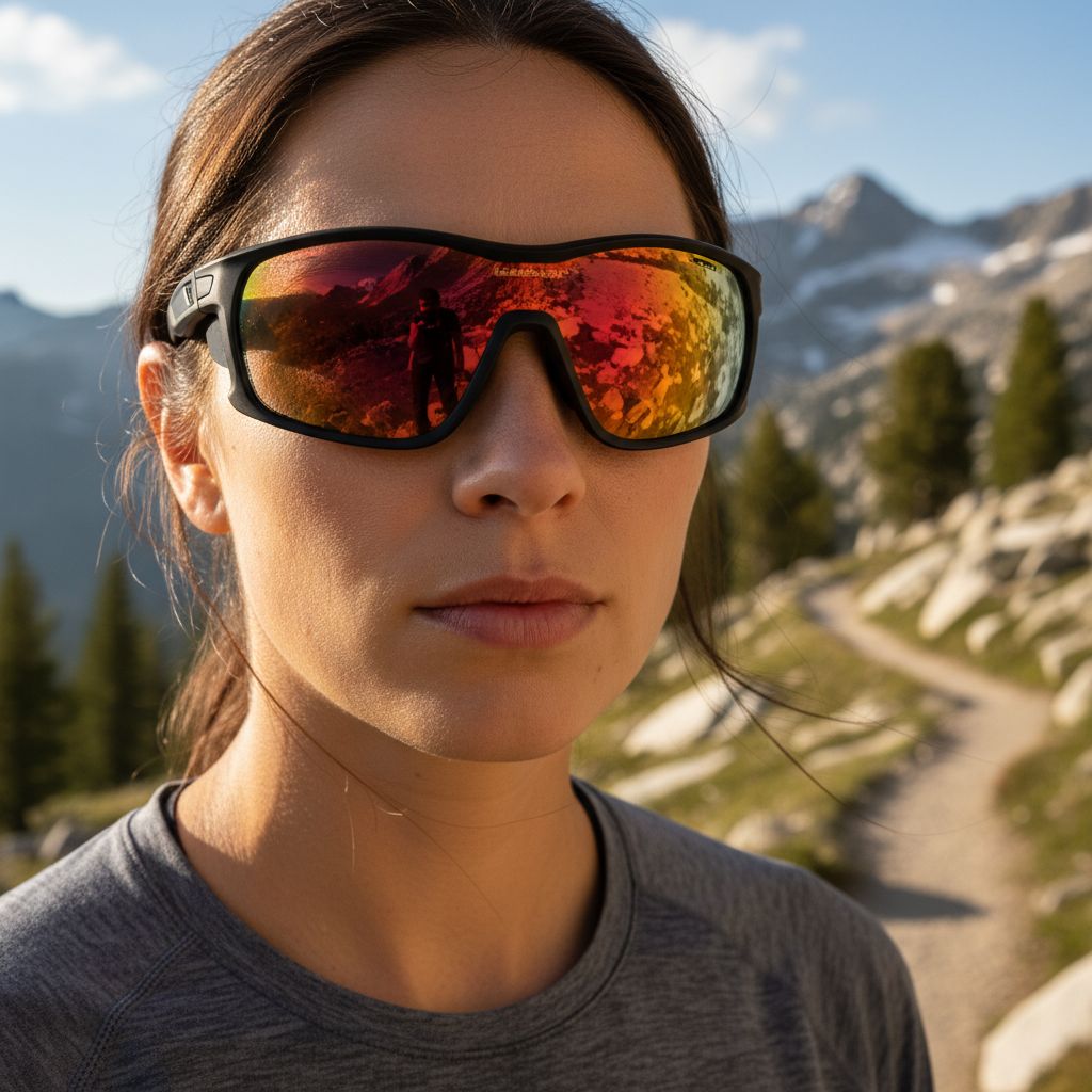 Model met zwarte sport-zonnebril met spiegelglazen in een berglandschap
