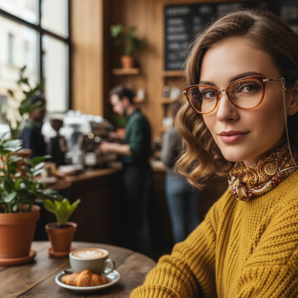 Model met amberkleurig optisch montuur en brilketting in een café