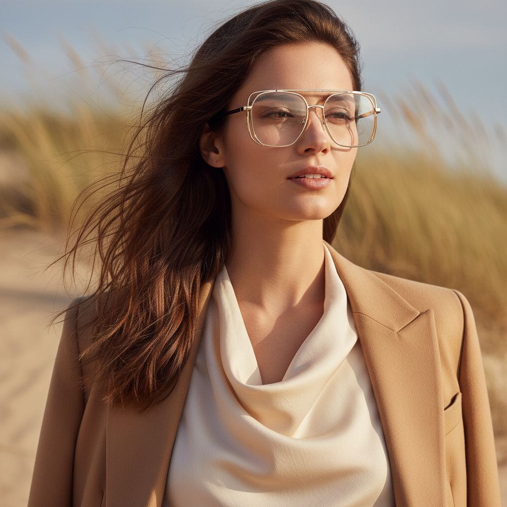 Model met groot goudkleurig montuur en haar in de wind in de duinen