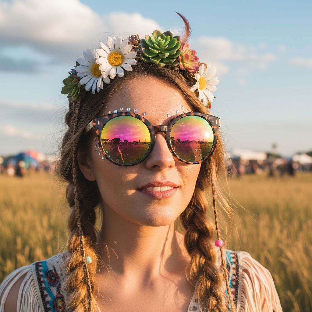 Model met ronde spiegel-zonnebril en bloemenkrans op een festival
