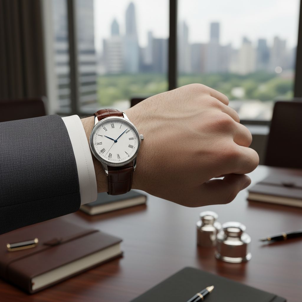Klassiek horloge met witte wijzerplaat en bruine band op een pols in een directiekamer