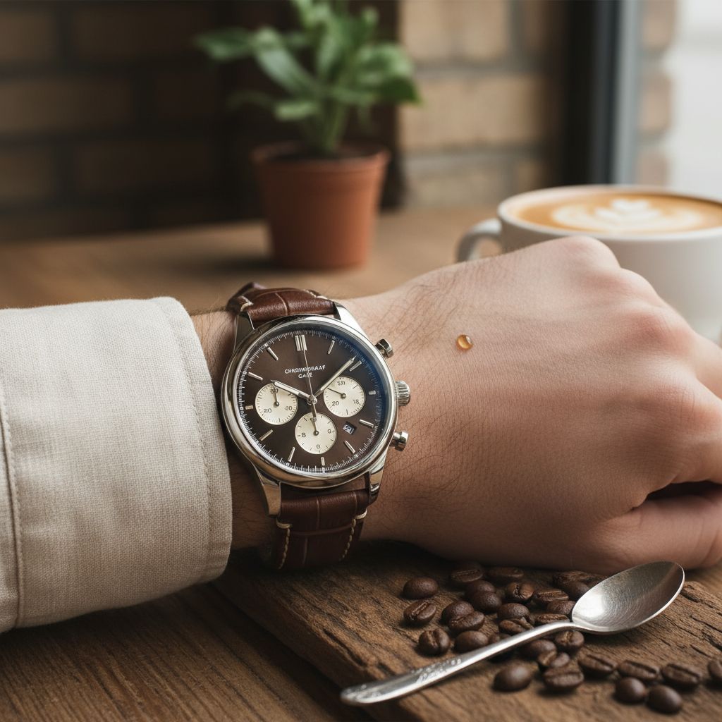 Chronograaf met bruine leren band op een pols aan een cafétafel met koffie