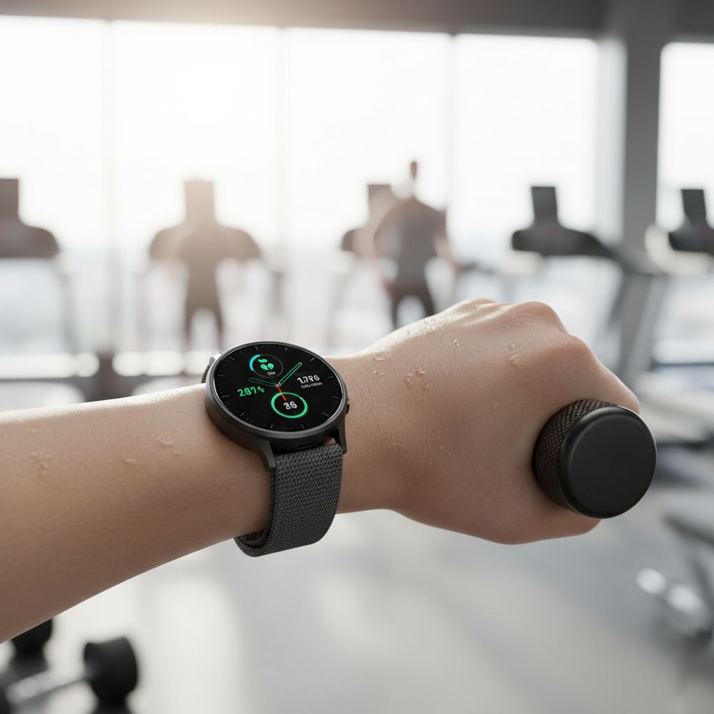 Zwarte smartwatch met grijze band op een pols in de sportschool