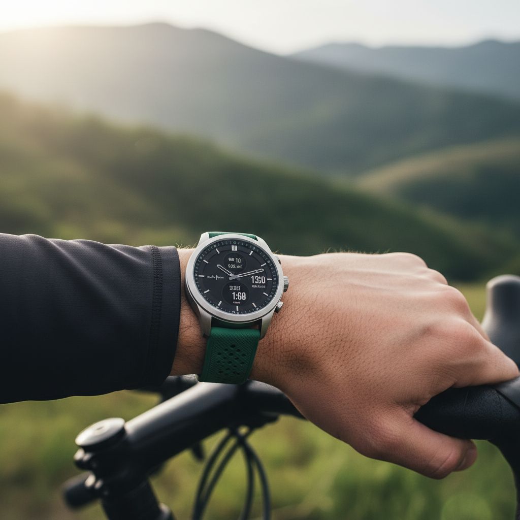 Sport-smartwatch met groene band op een pols aan een fietsstuur in de bergen