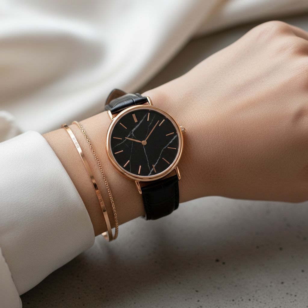 Rosé-gouden horloge met zwart-marmeren wijzerplaat op een damespols