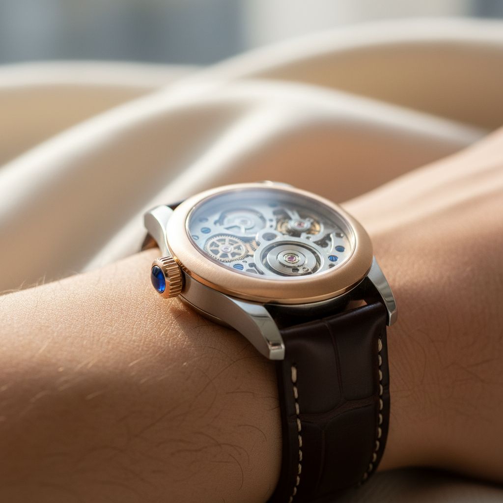 Horloge met zichtbaar uurwerk en blauwe kroon, zijaanzicht op de pols