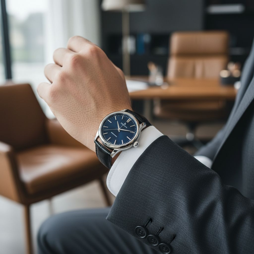 Klassiek horloge met blauwe wijzerplaat op de pols van een man in pak