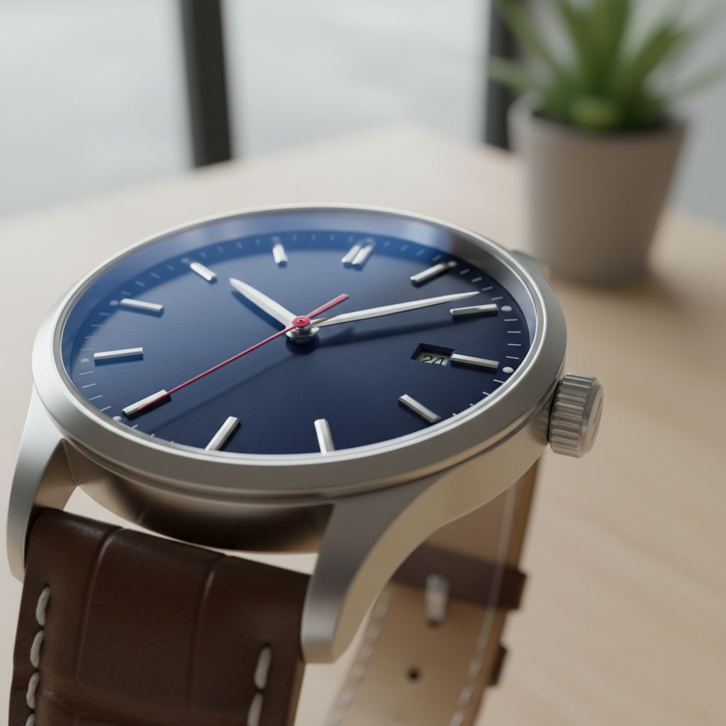 Close-up van een horloge met blauwe wijzerplaat en rode secondewijzer op een bureau