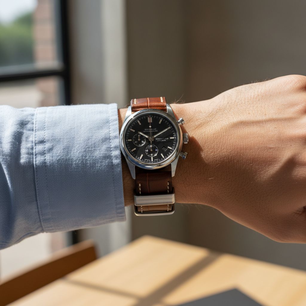 Zilveren chronograaf met bruine leren band op een pols met overhemdmanchet