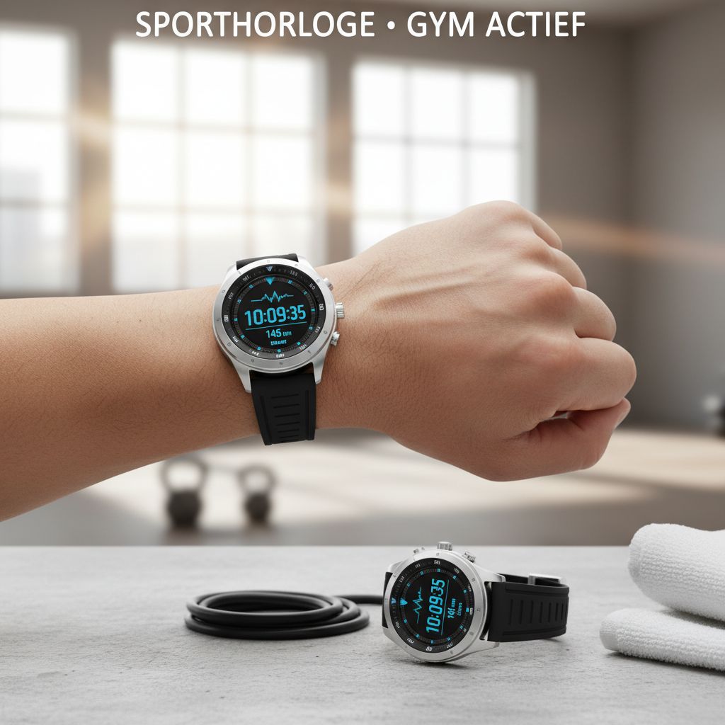 Sport-smartwatch met zwarte band op een pols in de sportschool