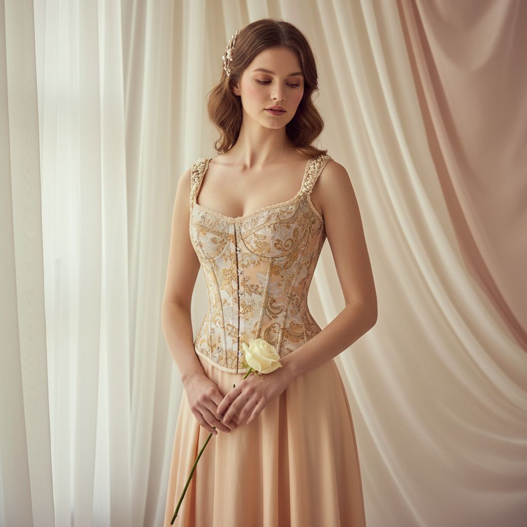 Model in crème kanten corset met slip en witte ochtendjas in een vintage boudoir