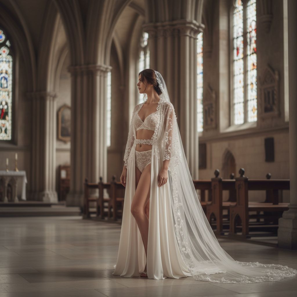 Model in goud-ivoor brokaten corset met rok en roos tegen zachte gordijnen — bridal editorial