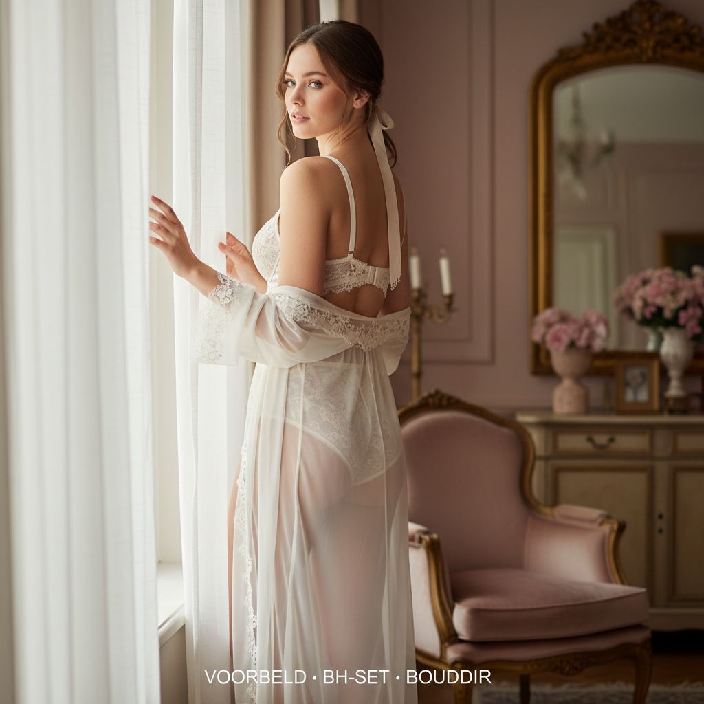 Lingerie-productfotografie: model in witte kanten BH-set en sheer ochtendjas in een roze boudoir met gouden spiegel