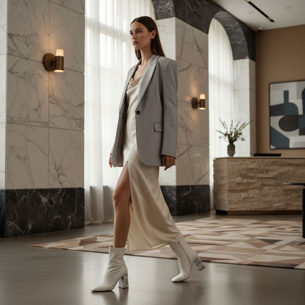 Witte enkellaarsjes met hak, model wandelend in een marmeren hotellobby