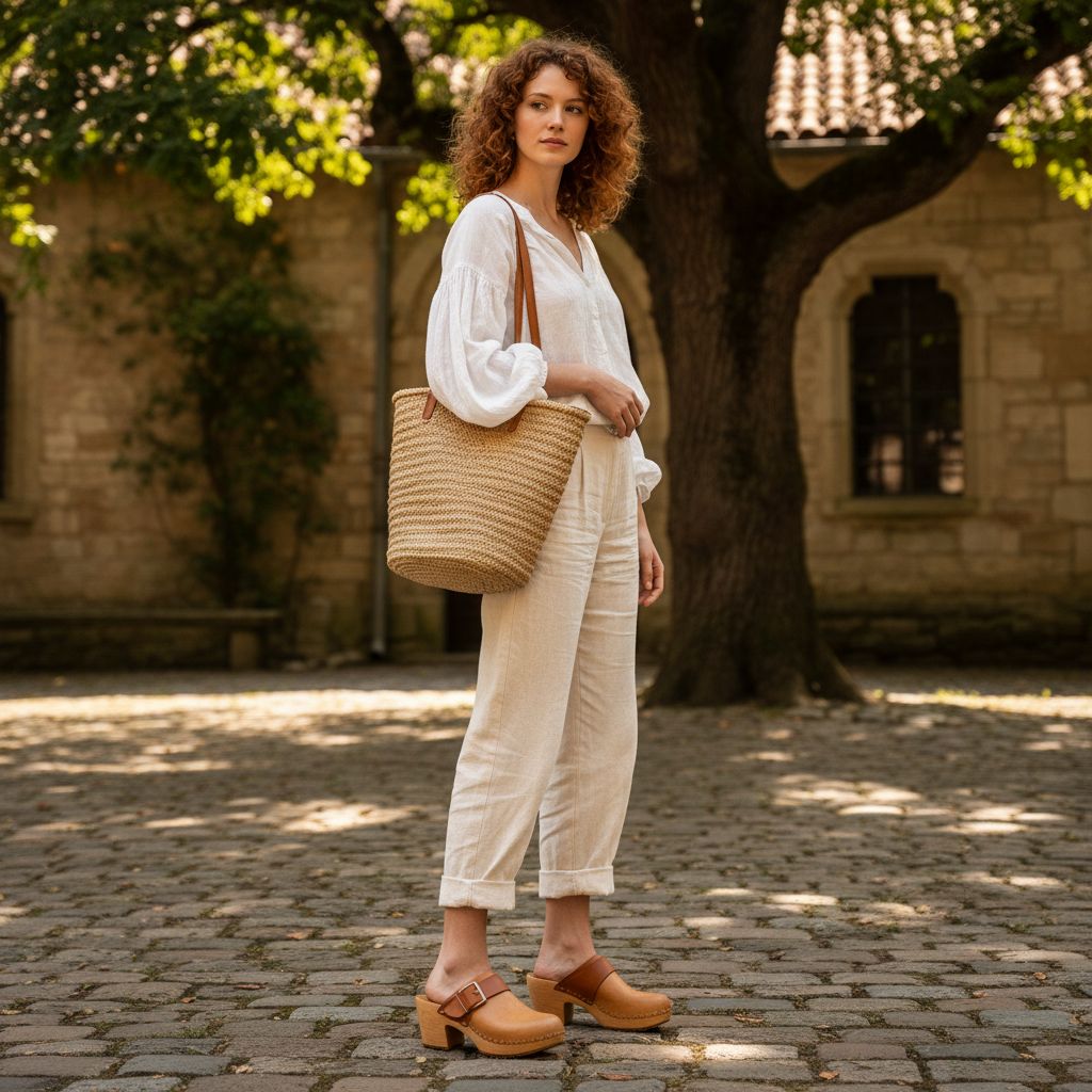 Cognac leren klompschoenen op een geplaveide binnenplaats