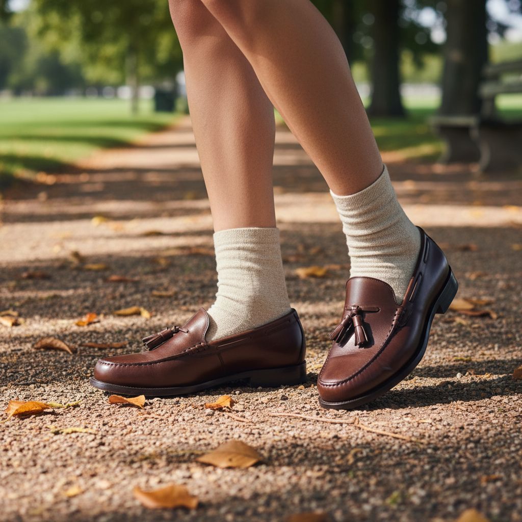 Bruine loafers met kwastjes, lage voet-focus op een parkpad met bladeren