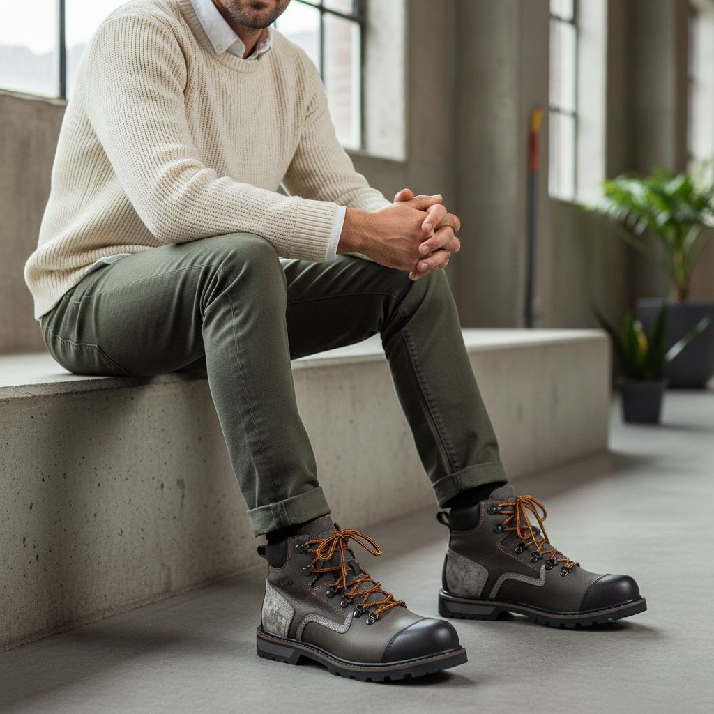 Bruin-grijze werkschoenen met oranje veters, man zittend in een industriële ruimte