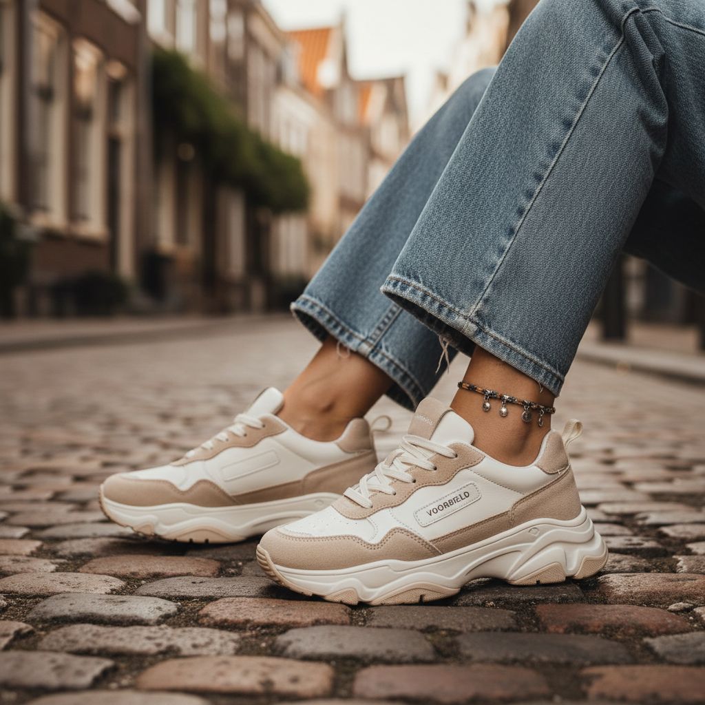 Crème chunky sneakers op kasseien, lage camerahoek met een model in jeans