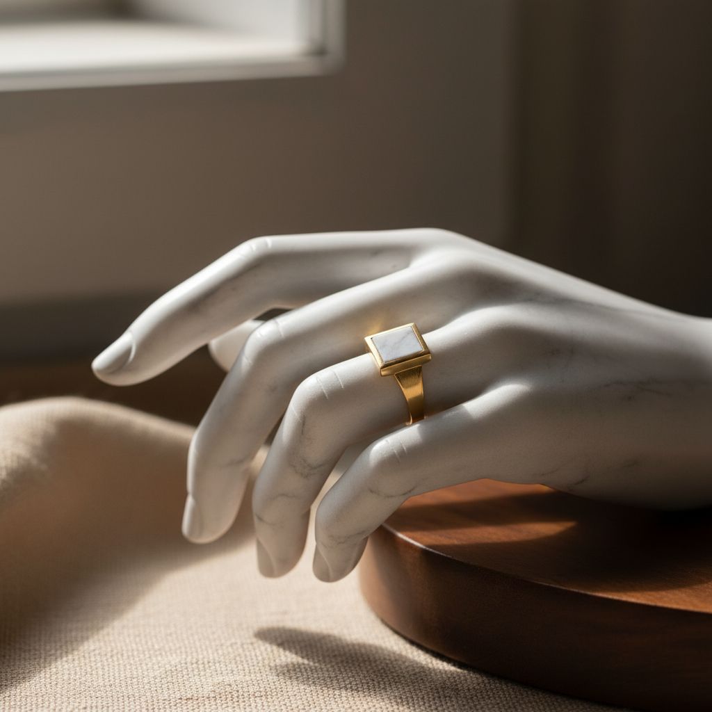 Gouden zegelring met witte marmer-inleg op een marmeren mannequin-hand