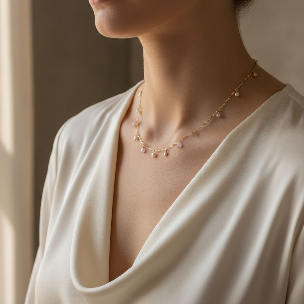 Gouden ketting met kleine parelhangers op het decolleté van een model