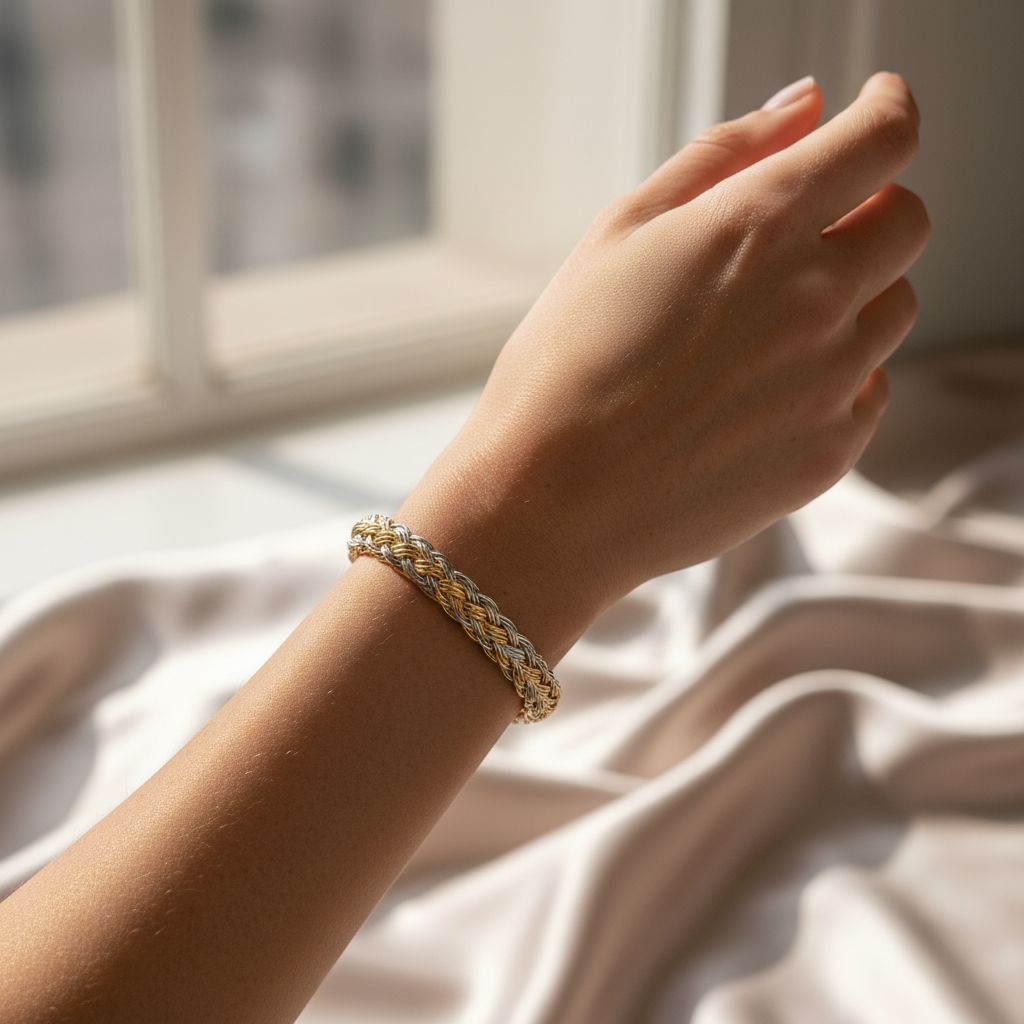 Gevlochten goud-zilveren armband op een opgeheven pols bij zijdezacht licht