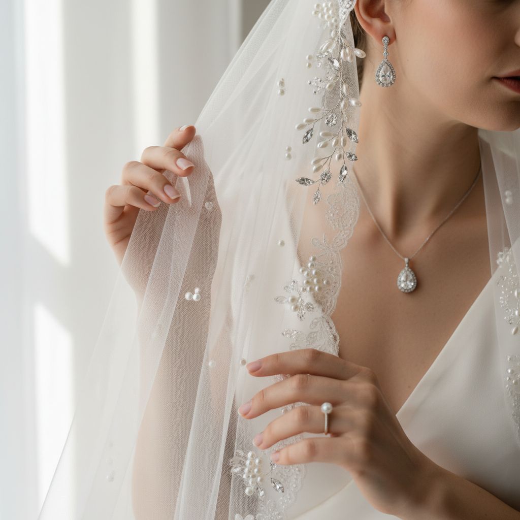 Bruidssieraden — diamanten druppeloorbel en hanger met sluier