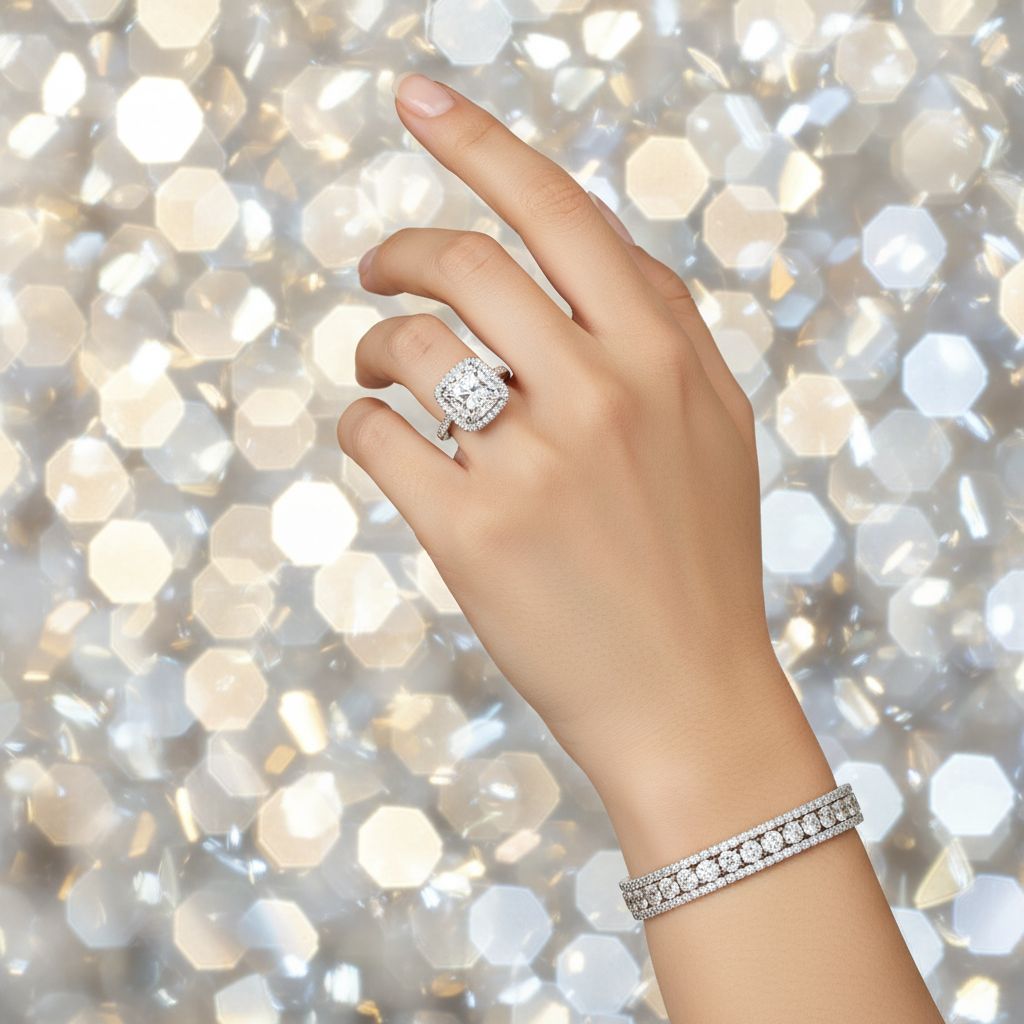 Diamanten ring en tennisarmband op een hand tegen een sprankelende bokeh-achtergrond