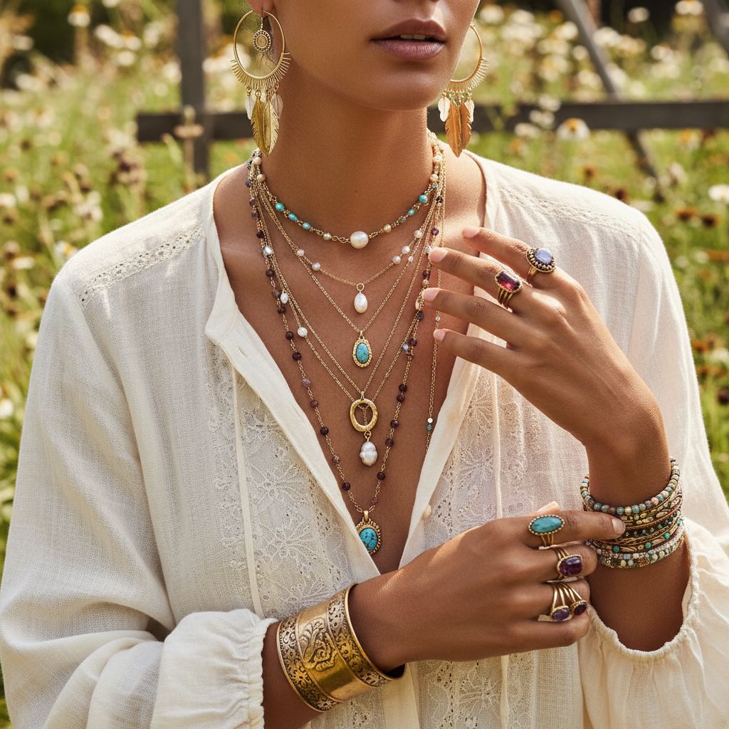 Gelaagde gouden kettingen, statement-ringen en stapelarmbanden in boho-stijl buiten