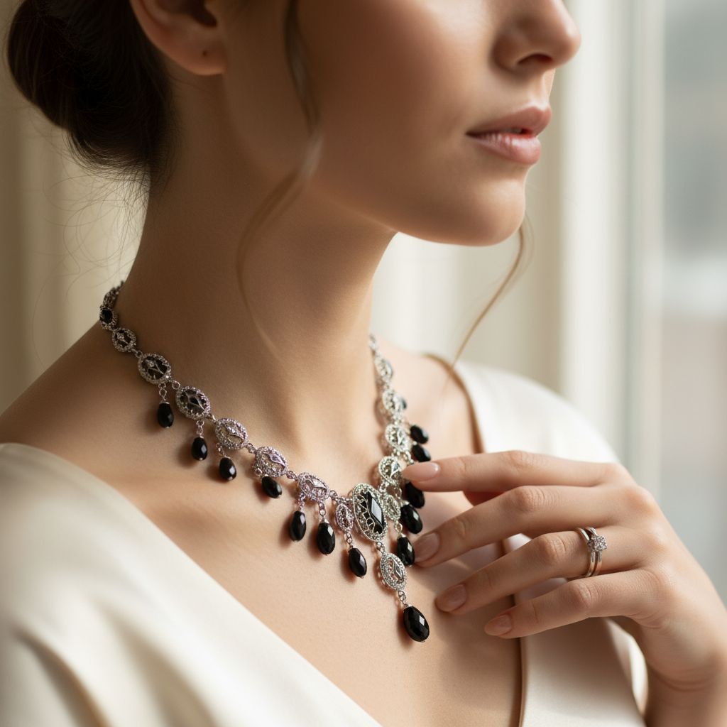 Zilveren statement-ketting met zwarte onyx-druppels op het decolleté