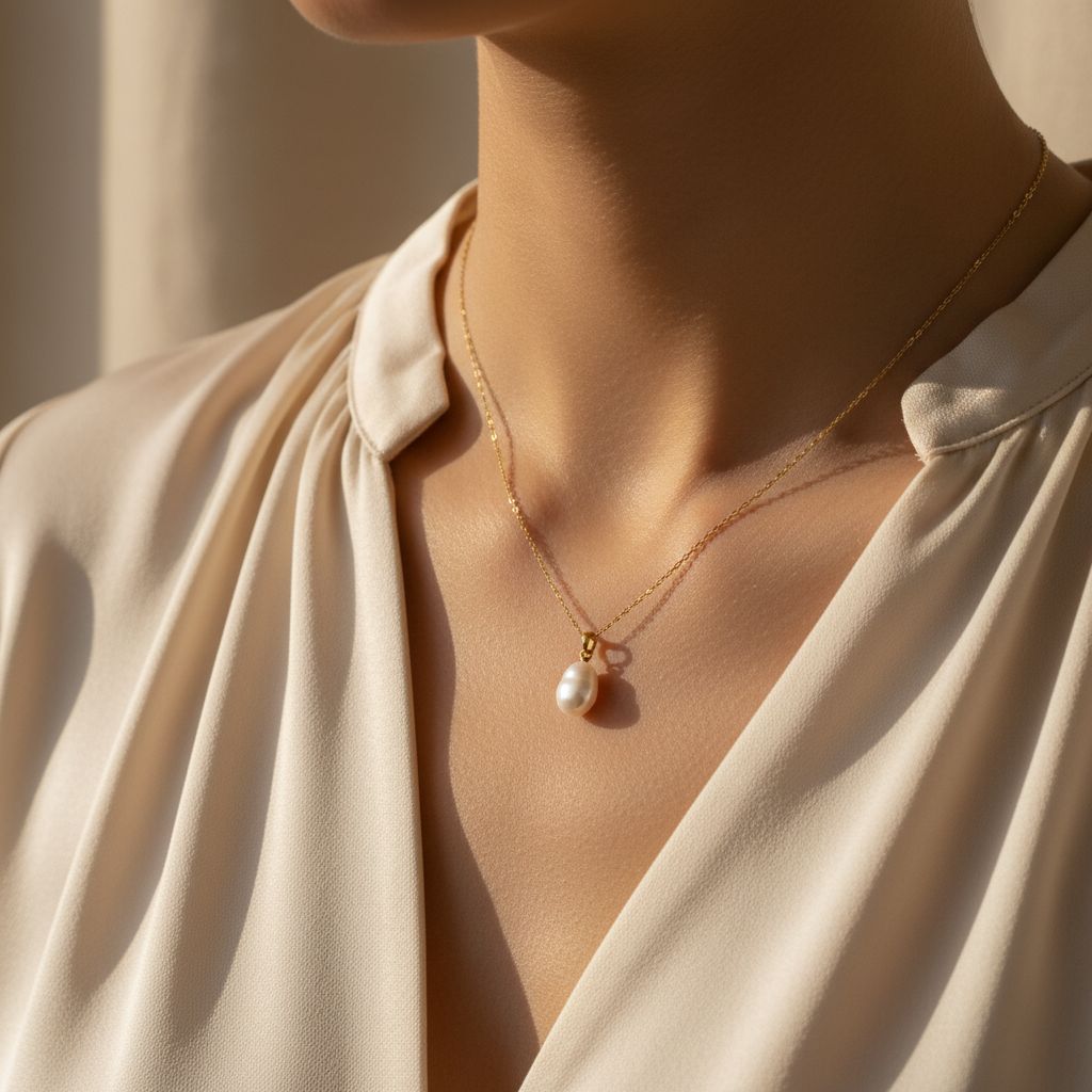 Gouden ketting met parelhanger op het decolleté van een model in een crème blouse