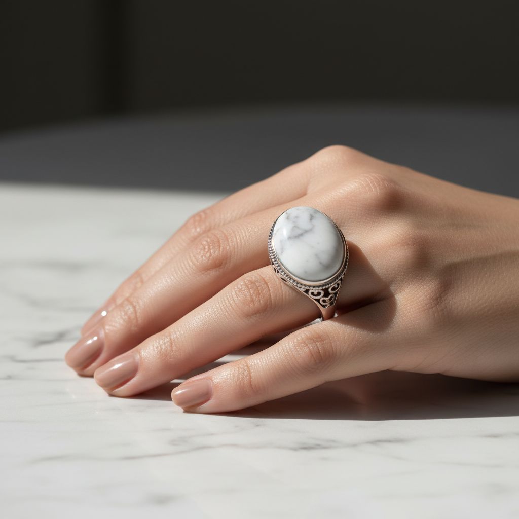 Zilveren ring met witte marmeren steen op een hand op een marmeren tafel