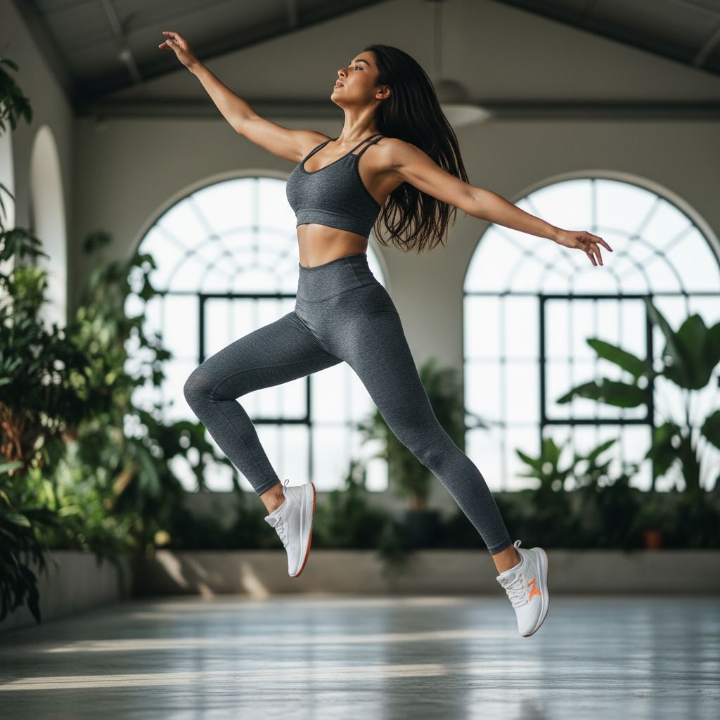 Vrouw in sport-bh tijdens een sprong