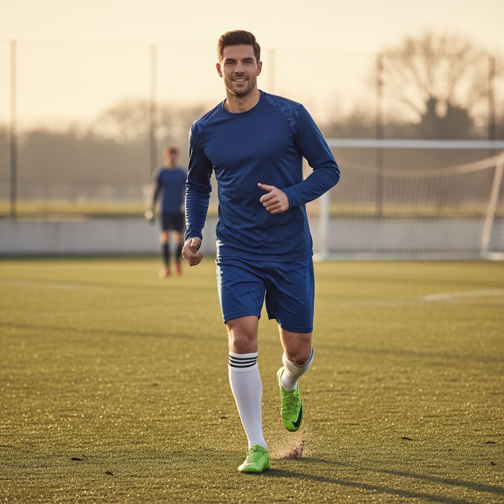 Man in voetbalshirt en short rennend op een voetbalveld