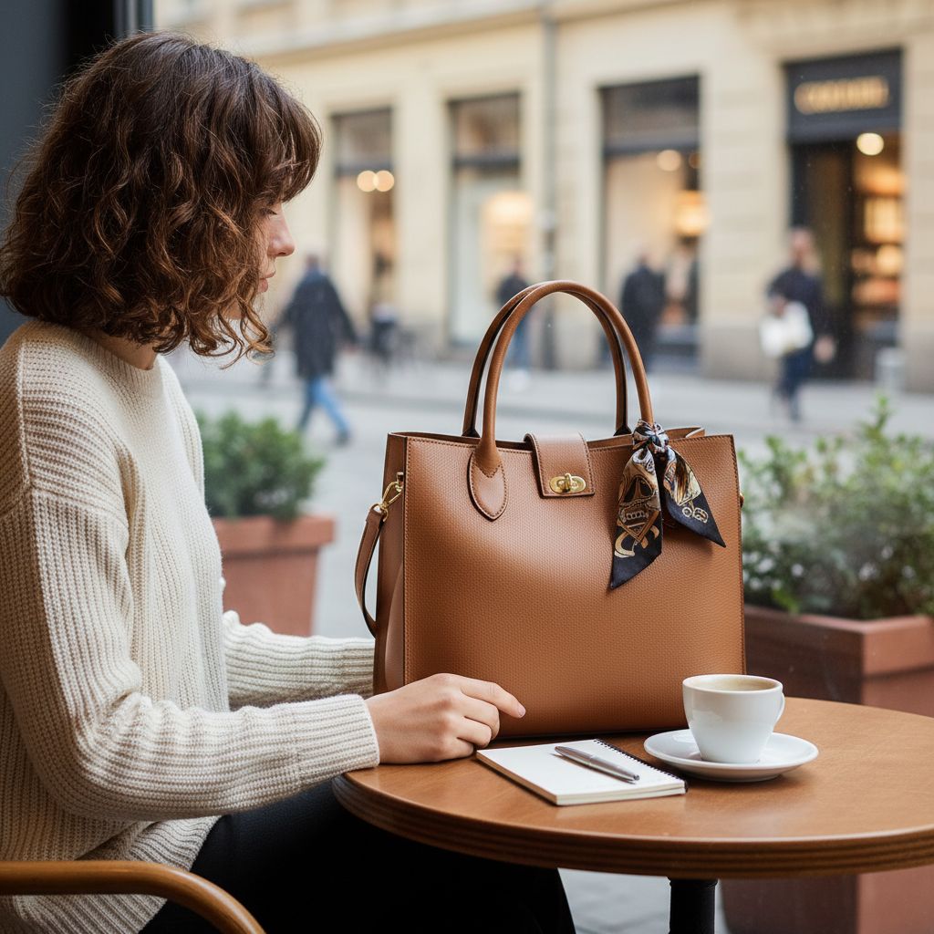 Cognac leren handtas met sjaaltje op een caféterras-tafeltje
