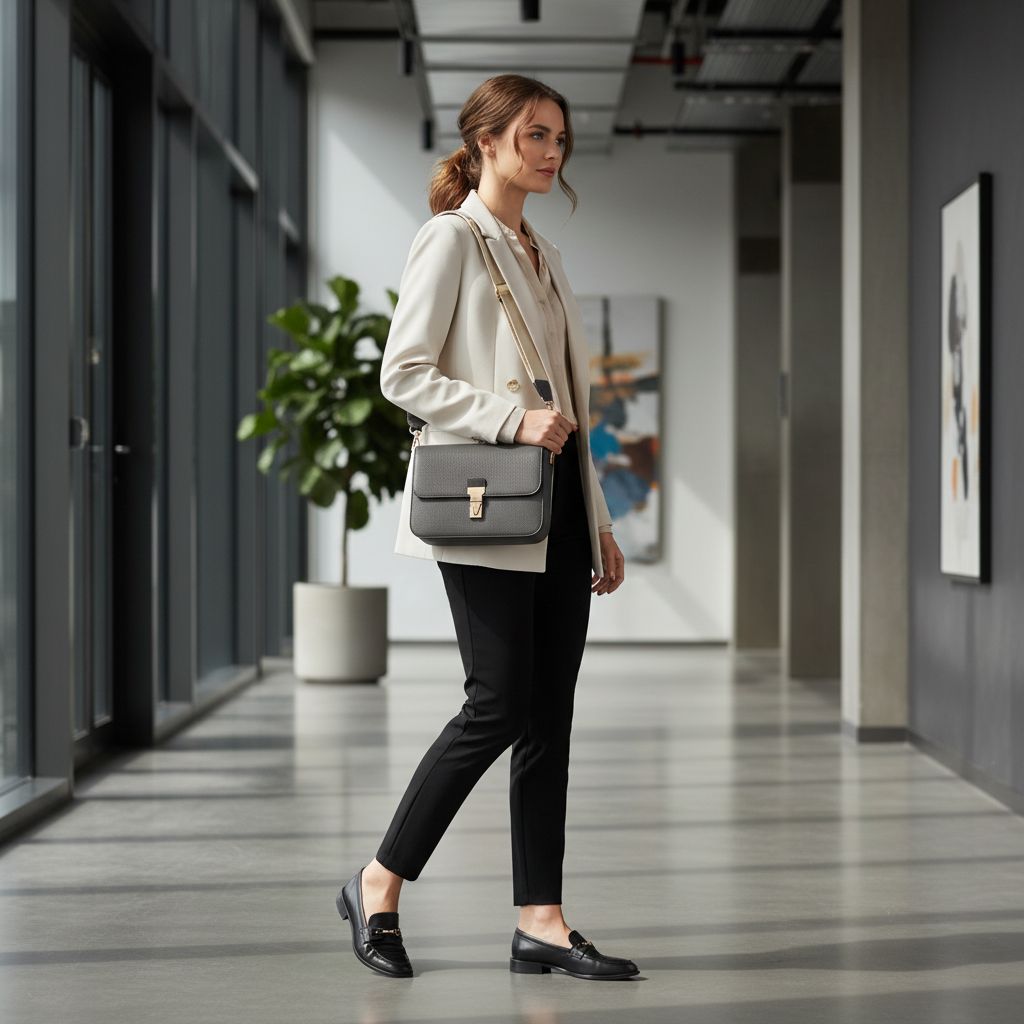 Model met grijze crossbody-tas in een moderne kantoorgang