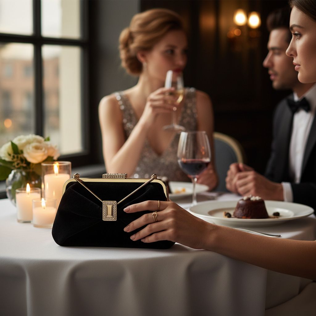 Zwart fluwelen avondclutch op een gedekte restauranttafel bij kaarslicht