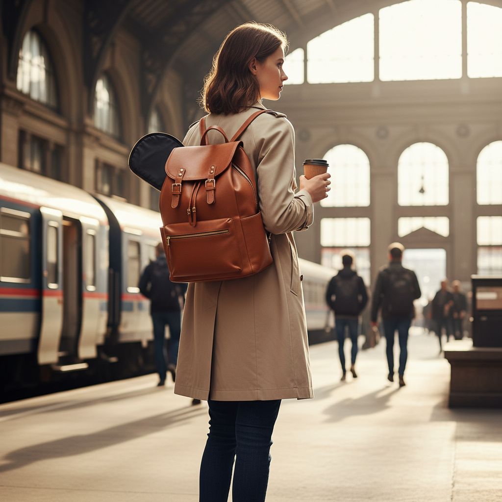 Model met cognac leren rugzak op een stationsperron