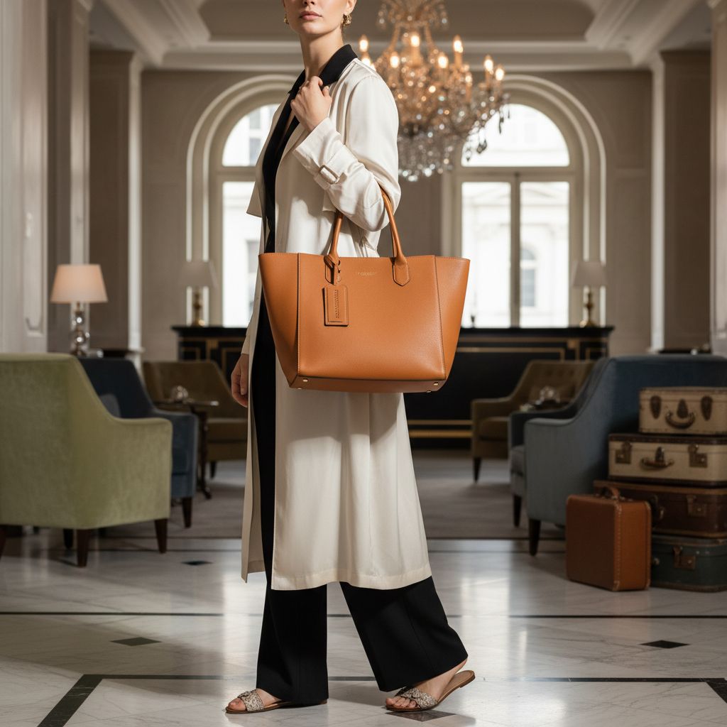 Cognac leren tote op de schouder van een model in een chique hotellobby