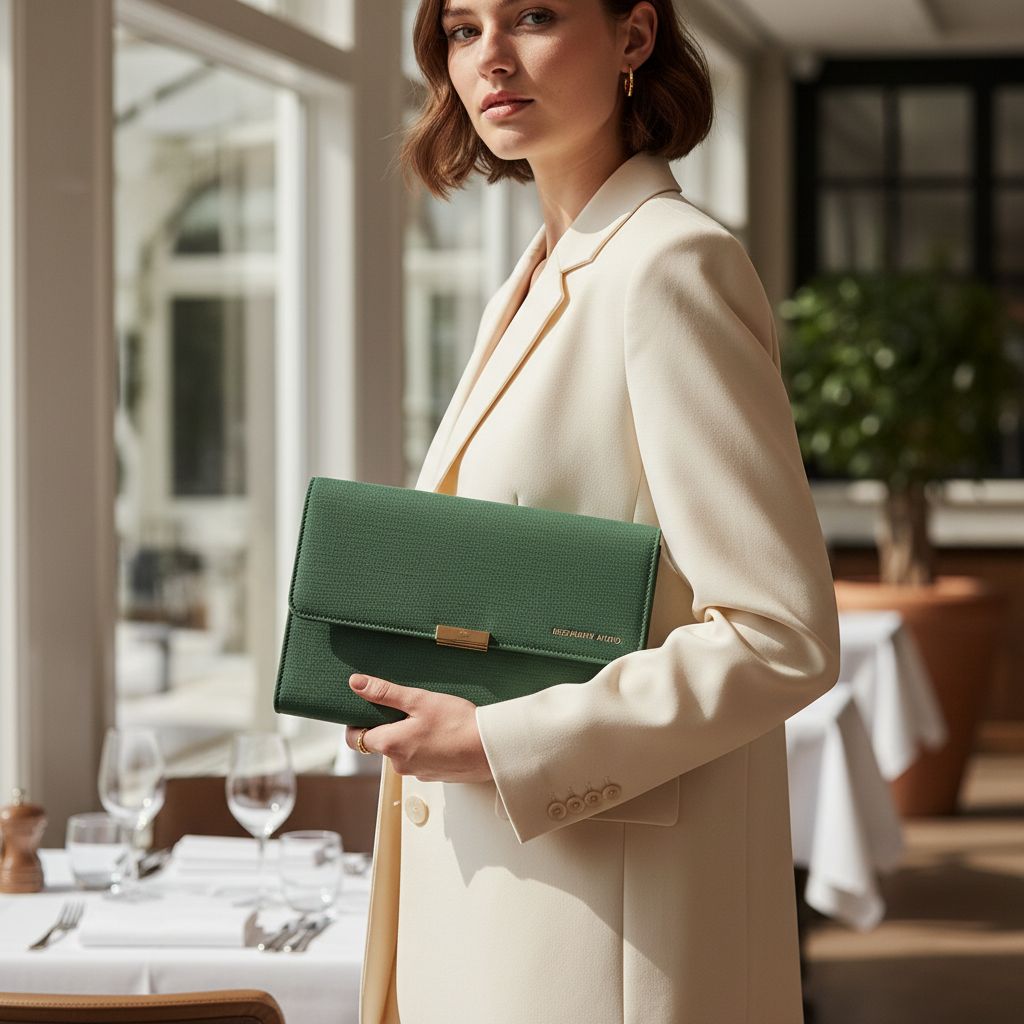 Groene leren clutch onder de arm van een model in een licht restaurant