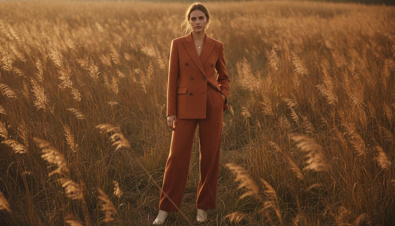 Sfeervolle lookbook foto's maken van een terracotta outfit in een herfstse buitenscène