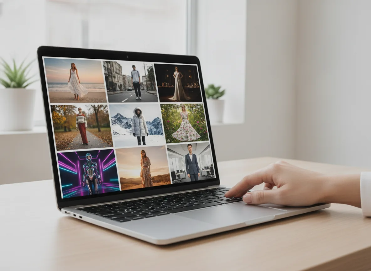 Selectiescherm met kant-en-klare voorbeeld-looks voor het maken van lookbook foto's in FashionPix Selectiescherm met kant-en-klare voorbeeld-looks voor het maken van lookbook foto's in FashionPix